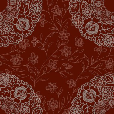 Kırmızı arka planda dekoratif çiçekli dantelli çelenk. 