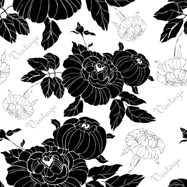 Graphic black flowers peony on white background. Vintage seamless pattern for decor. Monochrome version.
