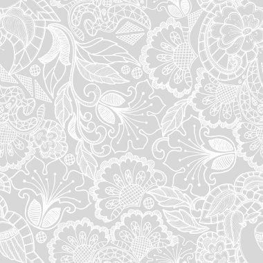 Baskı ve tasarım için grafiksel dantel çiçekler. Monokrom süsler. Gri arkaplanda kusursuz desen.