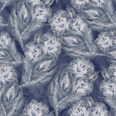 Gri arka planda grafiksel kış çiçekleri. Duvar kağıtları için kusursuz desen.