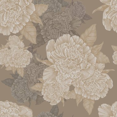 Dekoratif çiçek şakayığı ve söğüt yapraklı tasarım. Çiçeklerin süsleri ve koyu bir arka planda yapraklar. Çiçeksiz desen