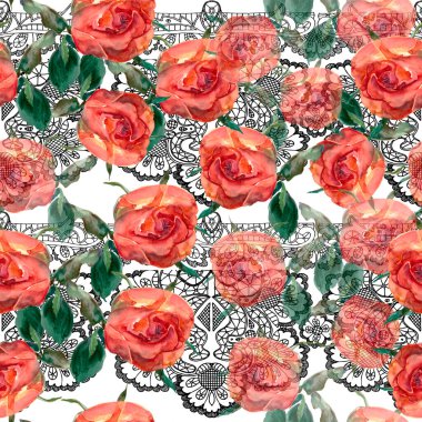 Dantel arka planda suluboya gül. Beyaz arka planda çiçek deseni. 