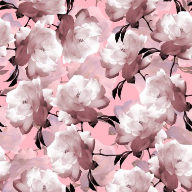 Fotoğraf çiçekleri pembe arka planda yükseldi. Çiçeksiz desen.