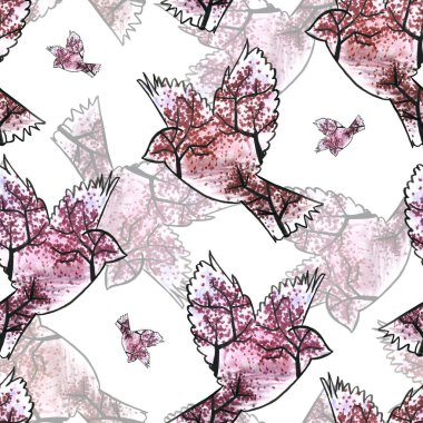 Beyaz arka planda grafiksel yaylı kuş. Kumaş için yay pürüzsüz desen.