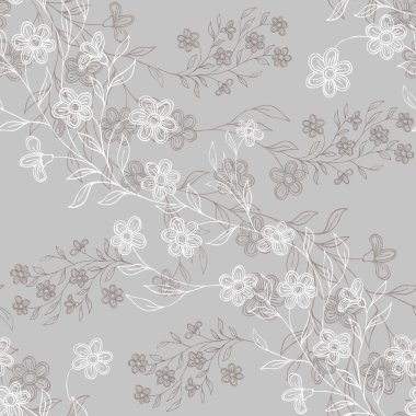 Gri arka planda dallı grafik çiçekleri. Kumaş için çiçeksiz desen.