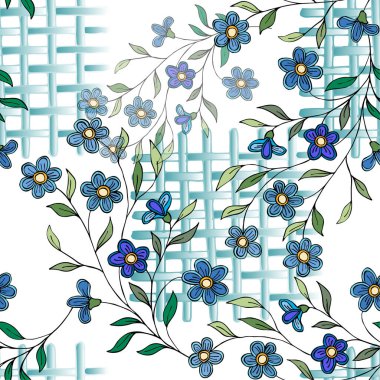 Beyaz arkaplanlı mavi çiçekler. Çiçeksiz desen.