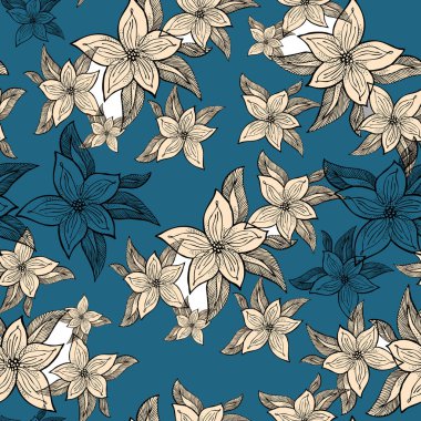 Mavi arka planda grafiksel çiçek jasminumu. Kumaş için çiçeksiz desen.