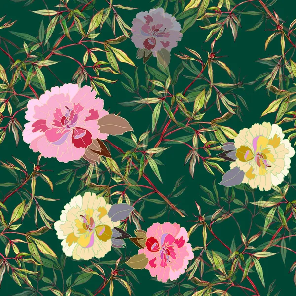 Watercolor branch leaves peony with graphic flowers peony on green background. Floral seamless pattern.