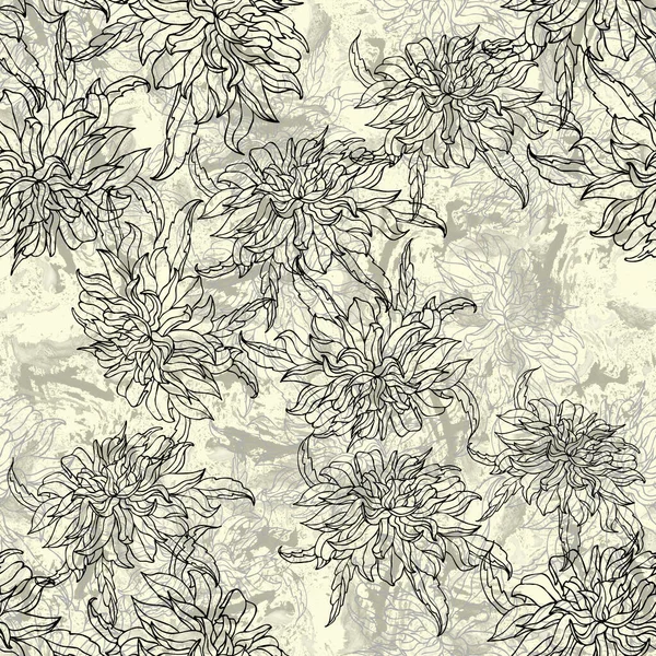 Chrysanthemum graphic on yellow background. Seamless pattern.