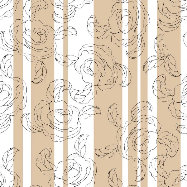 Graphic rose on white striped background. Seamless pattern for wallpapers.