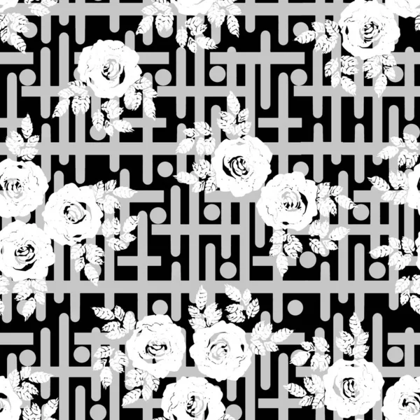 Graphic flowers for printed and design. Monochrome ornaments. Seamless pattern on black reticular background.