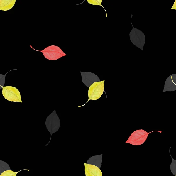 Decorative leaves cherry on black background. Seamless pattern.