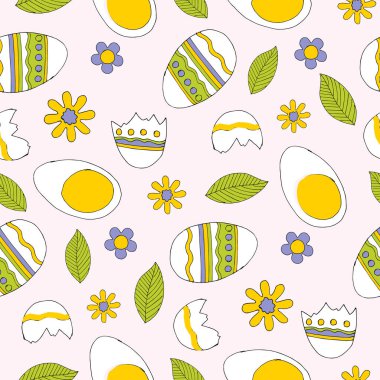 Paskalya için dekoratif yumurtalar. Çiçeklerin süsleri ve pembe arka planda yumurtaları olan yapraklar. Kusursuz bir tatil düzeni. Vektör illüstrasyonu.