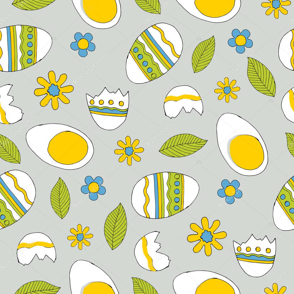 Decorative eggs for Easter. Ornament from flowers and leaves with eggs on a gray background. Holiday seamless pattern. Vector illustration.