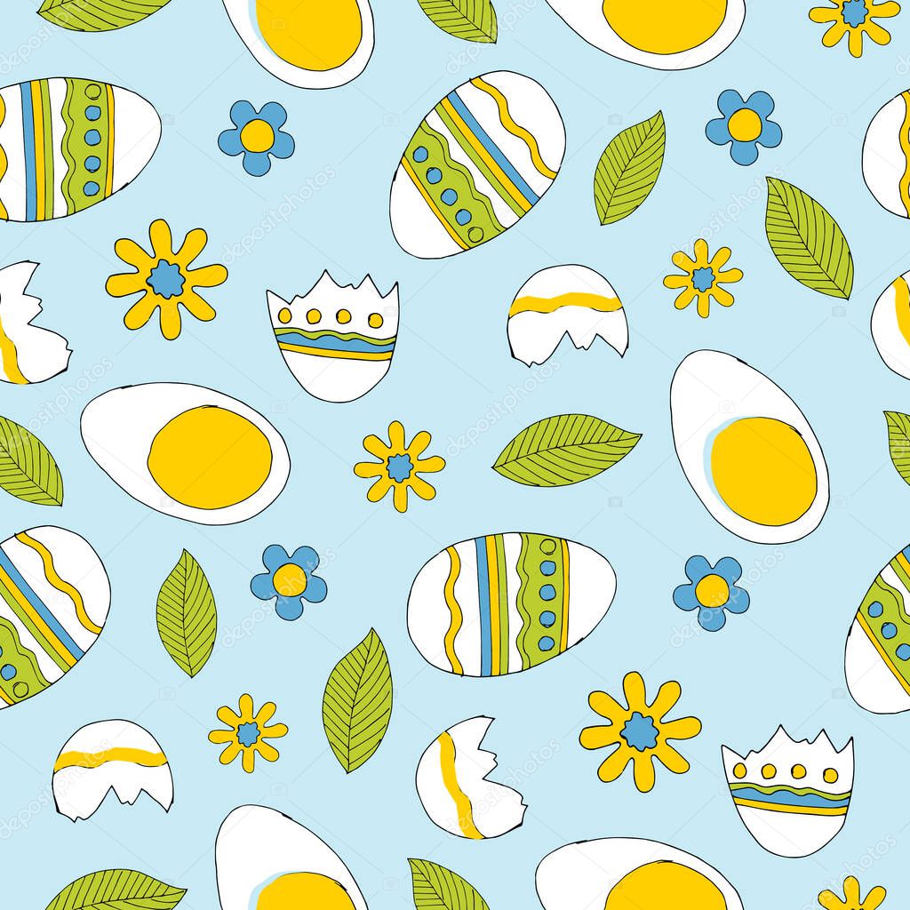 Decorative eggs for Easter. Ornament from flowers and leaves with eggs on a blue background. Holiday seamless pattern. Vector illustration.