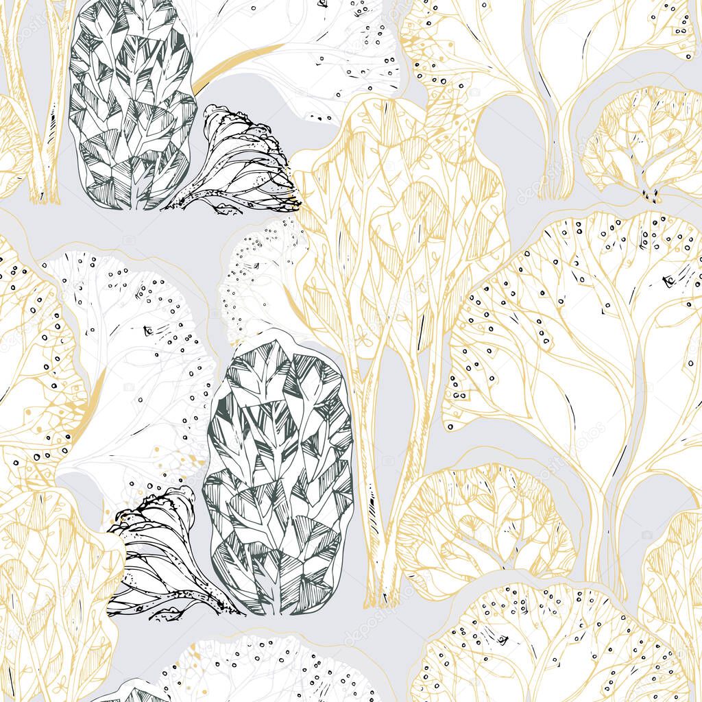  Pattern from decorative forest for design. Seamless pattern on a gray background. Vector illustration.