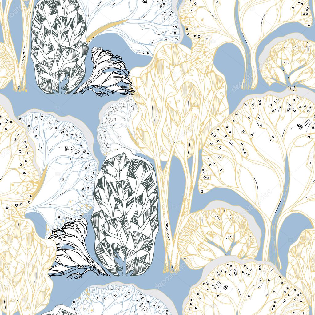  Pattern from decorative forest for design. Seamless pattern on a blue background. Vector illustration.