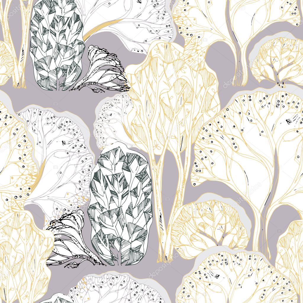  Pattern from decorative forest for design. Seamless pattern on a violet background. Vector illustration.
