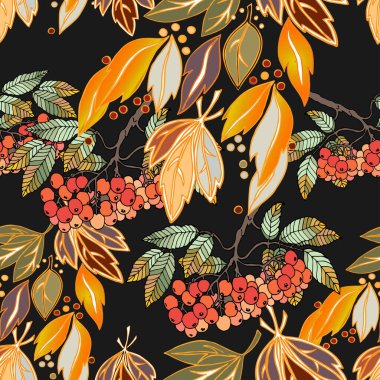 Siyah arka planda böğürtlen ve sonbahar yapraklı dekoratif dal sorbusu. Sonbahar vektörü pürüzsüz desen.