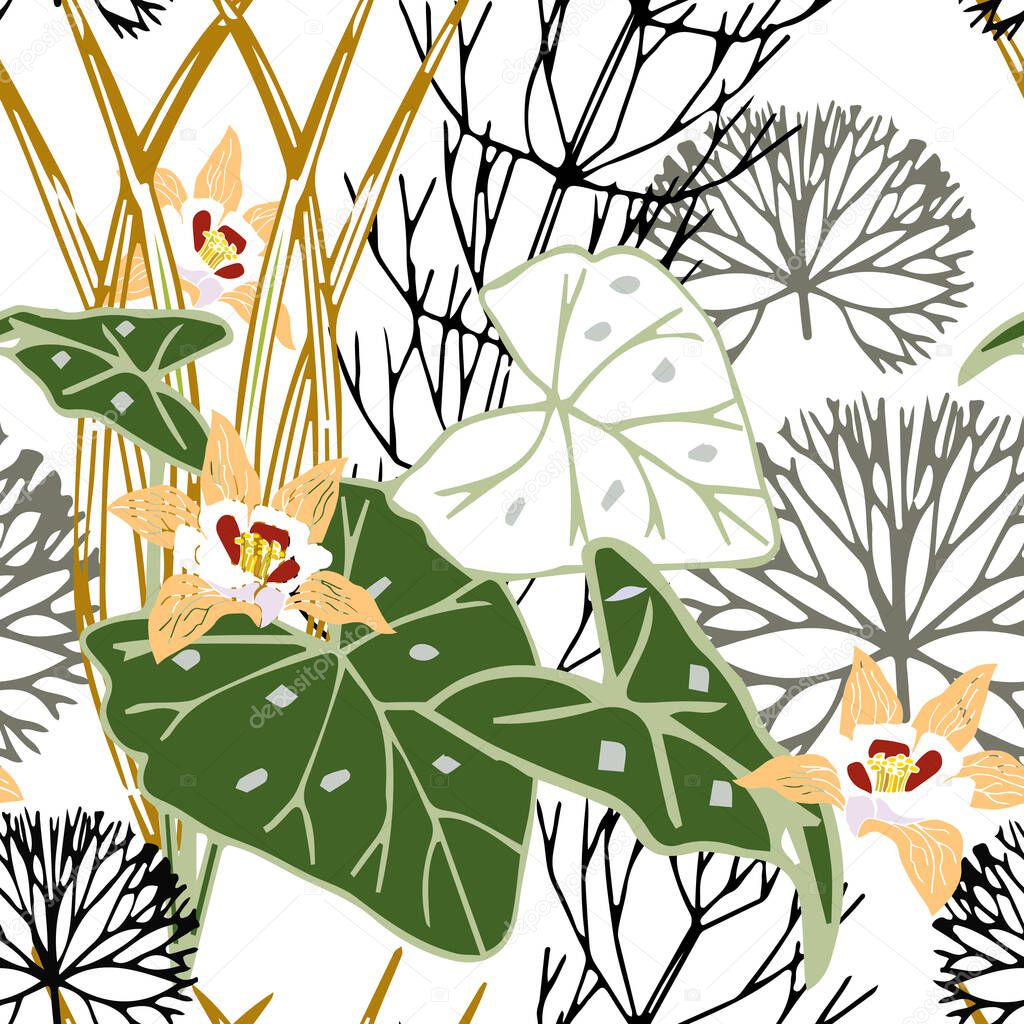  Decorative tropical leaves with flowers on white background. Floral seamless pattern. Vector format.