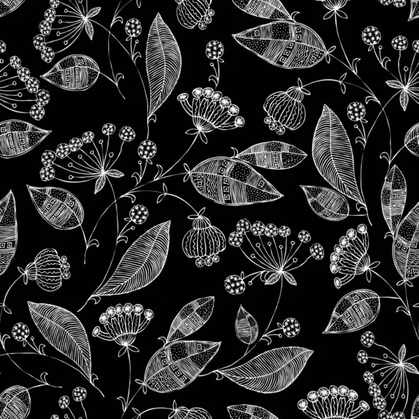 Graphic Lace Wild Flowers Black Background Floral Seamless Monochrome Pattern — Stock Photo, Image