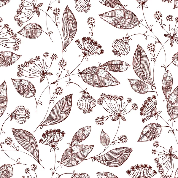 Graphic lace wild flowers on white background. Floral seamless monochrome pattern.