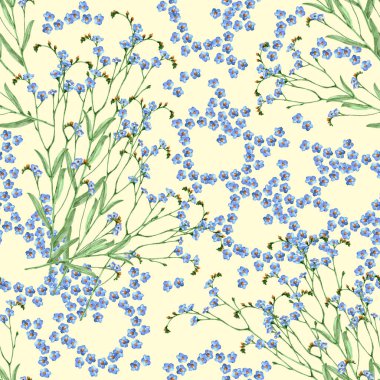 Sarı arka planda mavi çiçekler. Çiçeksiz desen.