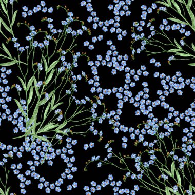 Siyah arka planda mavi çiçekler. Çiçeksiz desen.