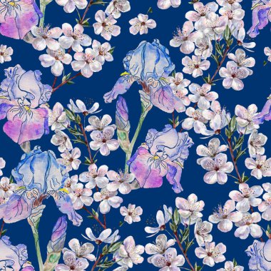 Mavi arka planda çiçek zambağı olan suluboya dallı kiraz. Yay pürüzsüz desen.