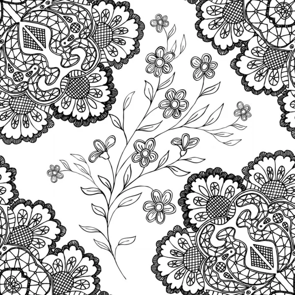 Branch Graphic Flowers Black Lace White Background Floral Monochrome Seamless — Stock Photo, Image