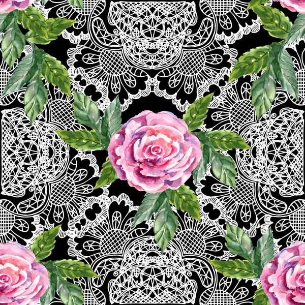 Watercolor Rose White Lace Black Background Seamless Pattern — Stock Photo, Image