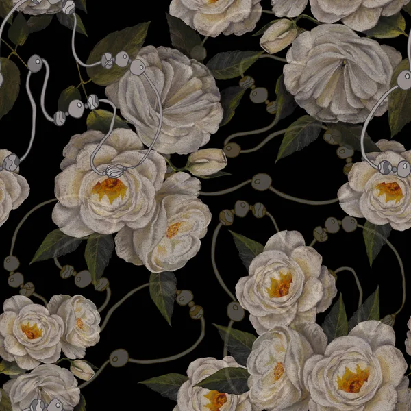 Rózsák Festmény Pasztell Gyöngyökkel Fekete Háttér Virágos Zökkenőmentes Minta — Stock Fotó