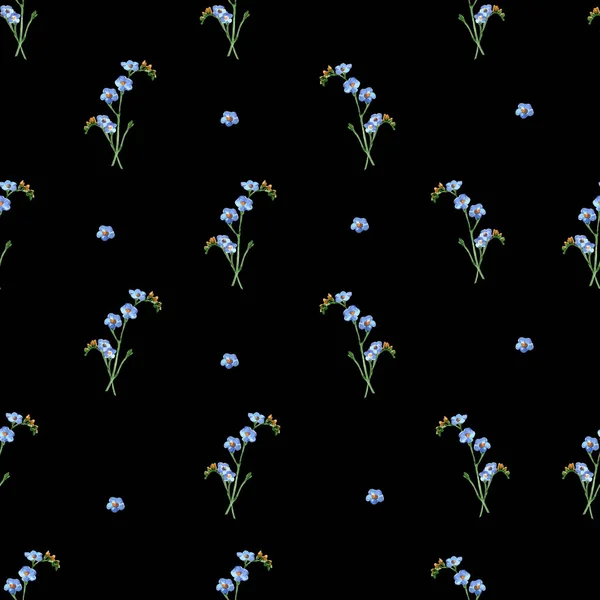 Champ Fleurs Bleues Sur Fond Noir Motif Floral Sans Couture — Photo