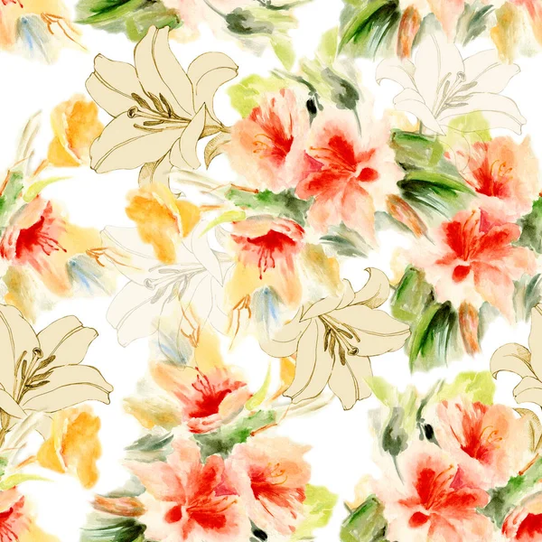Beyaz Arka Planda Grafik Çiçekli Suluboya Çiçekler Çiçeksiz Desen — Stok fotoğraf