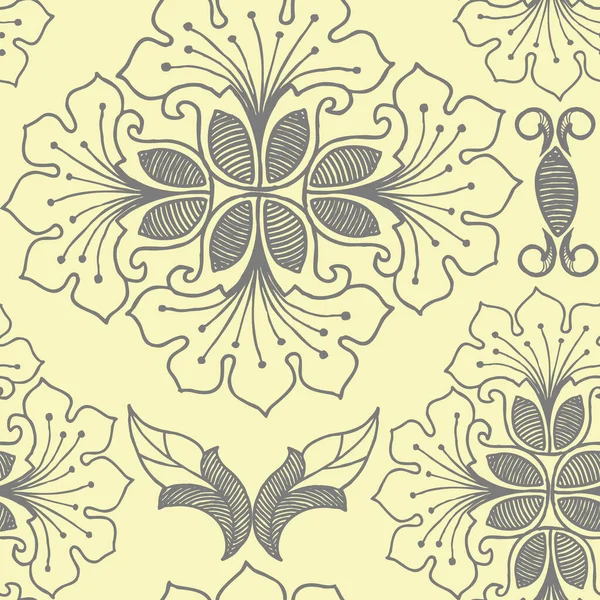 Graphic lace flowers for printed and design. Monochrome ornaments. Seamless pattern on yellow background.