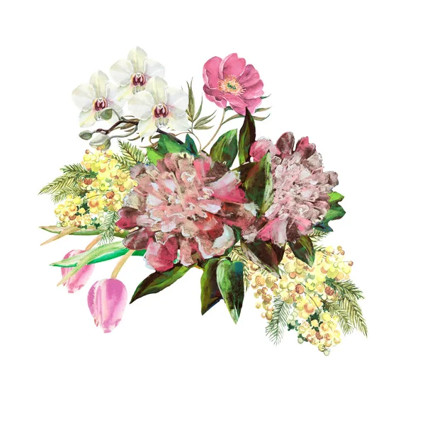 Fleurs Jardin Peintes Aquarelle Bouquet Printemps Floral Sur Fond Blanc — Photo