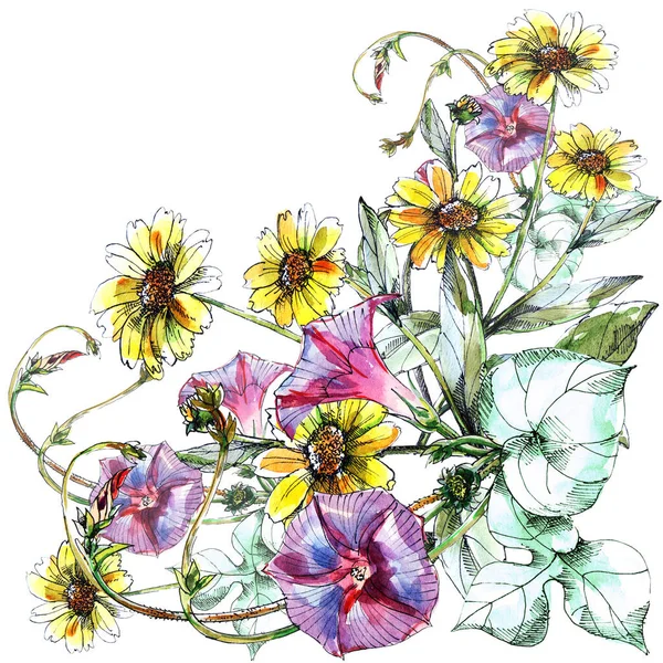 Äng Blommor Målade Akvarell Vit Bakgrund Hörnillustration För Dekoration — Stockfoto