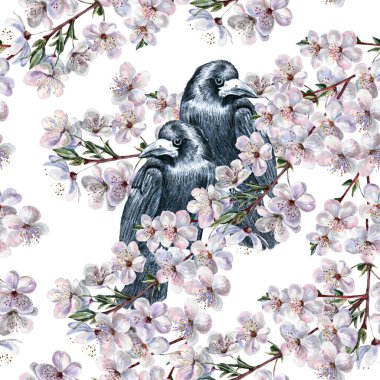 Beyaz arka planda kuş kuzgunu olan suluboya çiçekler. Yay pürüzsüz desen.