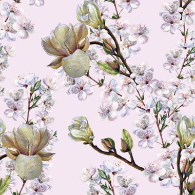 Suluboya, pembe arka planda farklı çiçekler açar. Dekorasyonlar için kusursuz desen.