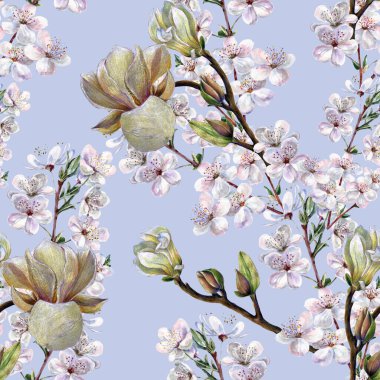 Suluboya, mavi arka planda farklı çiçekler açar. Dekorasyonlar için kusursuz desen.