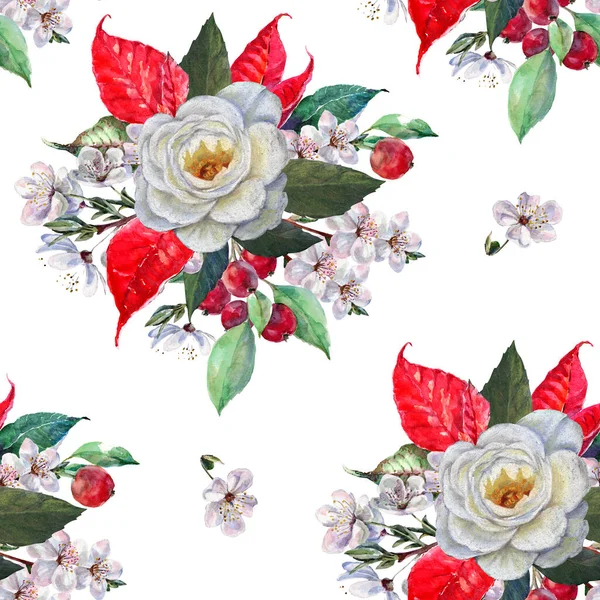 园中的花是用红叶 樱桃和红浆果涂成的水彩画 白色背景的花纹无缝图案 — 图库照片