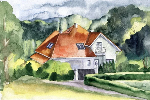 Paysage Aquarelle Maison Avec Jardin Sur Fond Ciel — Photo