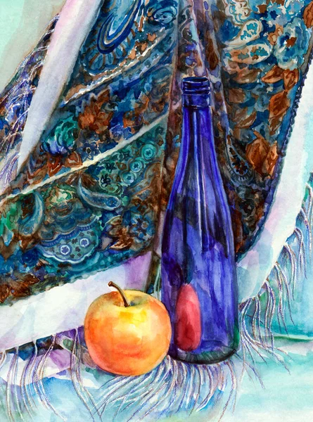 Aquarelle Nature Morte Bouteille Verre Bleu Avec Pomme Sur Fond — Photo