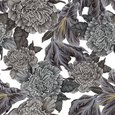 Çiçeksiz güzel desen, suluboya el çizimi siyah, beyaz ve kahverengi, gri ve yeşil mürekkep