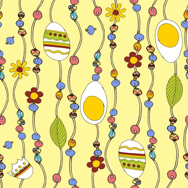 Decorative eggs for Easter. Ornament from flowers and leaves with eggs on a yellow background. Holiday seamless pattern.