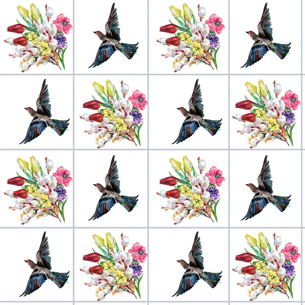 Beyaz Arka Planda Kuşlu Suluboya Bahar Çiçekleri Kare Pürüzsüz Desen — Stok fotoğraf