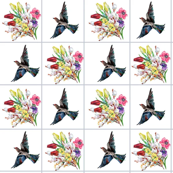 Watercolor bouquet spring flowers with bird on white background. Square seamless pattern.