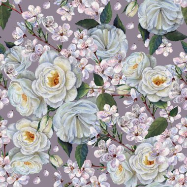 Çiçekler, dallı suluboya çiçeklerle renklendirilmiş kalemlerle çiziliyor. Bahar kompozisyonu. Menekşe arkaplanda kusursuz desen.