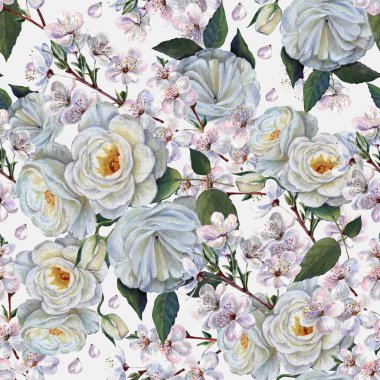 Çiçekler, dallı suluboya çiçeklerle renklendirilmiş kalemlerle çiziliyor. Bahar kompozisyonu. Beyaz arkaplanda pürüzsüz desen.