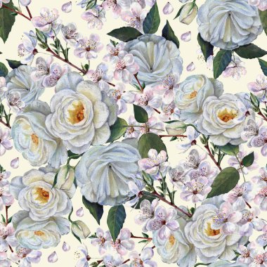 Çiçekler, dallı suluboya çiçeklerle renklendirilmiş kalemlerle çiziliyor. Bahar kompozisyonu. Krema arka planında kusursuz desen.